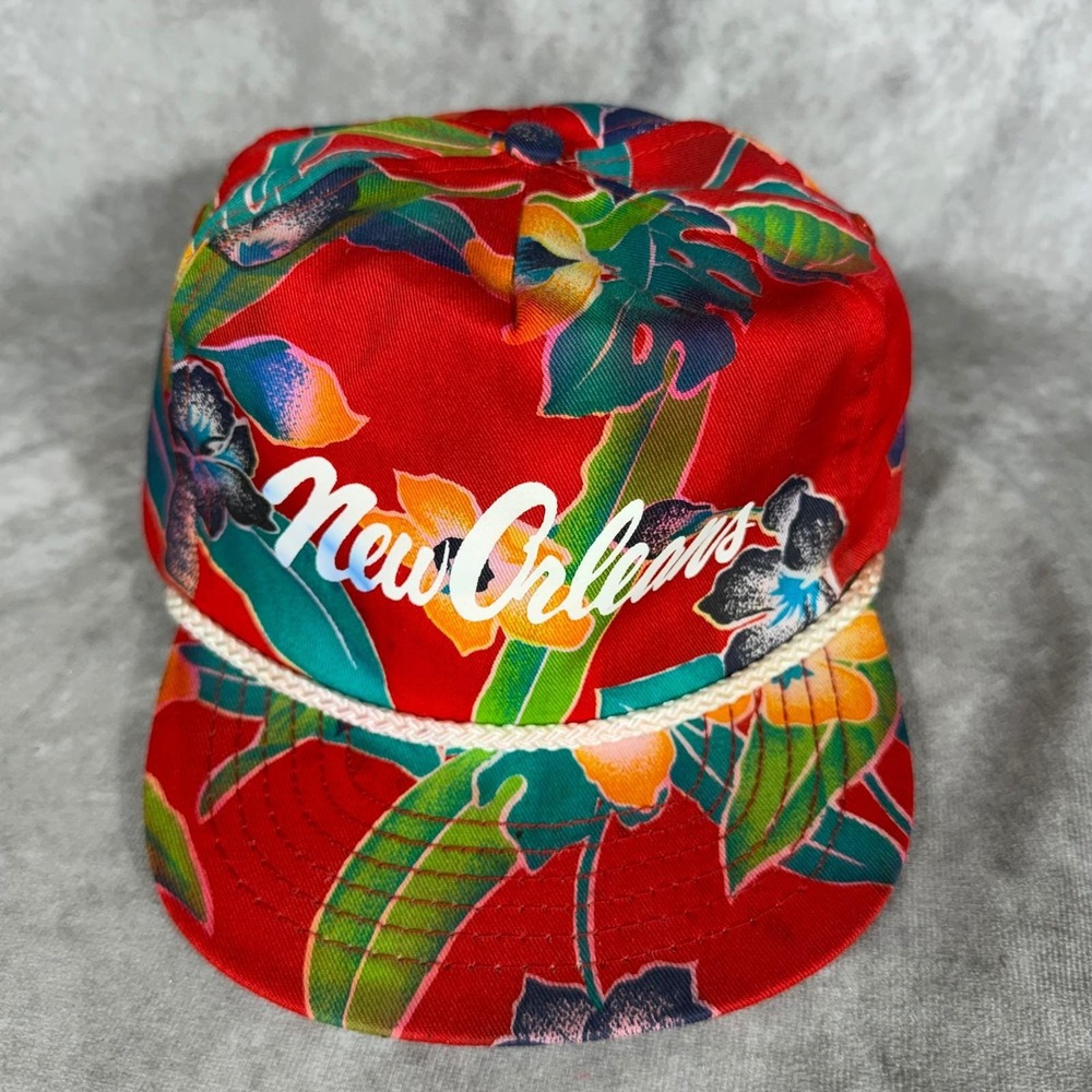 Vtg 80s San Sun New Orleans Tropical Floral Trucker SnapBack Hat Rope Cap NWT
